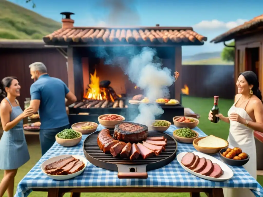 Una escena de asado uruguayo tradicional, con mesa rústica repleta de carnes asadas y grupo de invitados disfrutando al aire libre