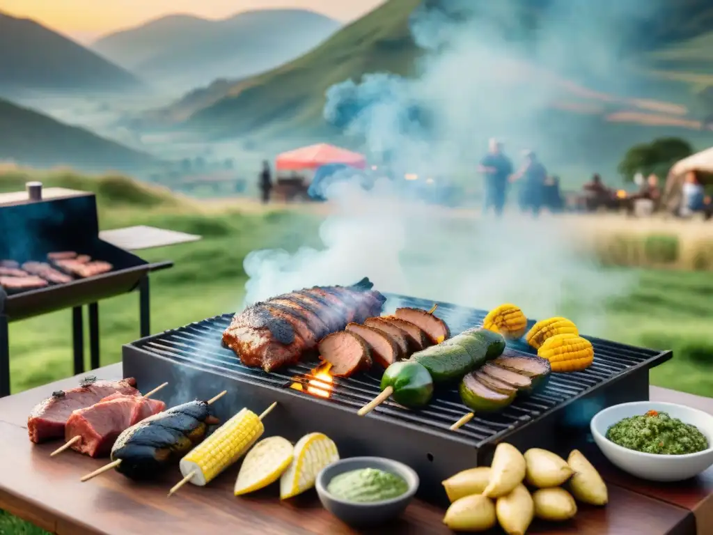 Una escena de asado uruguayo tradicional en el campo, con influencia de la inmigración