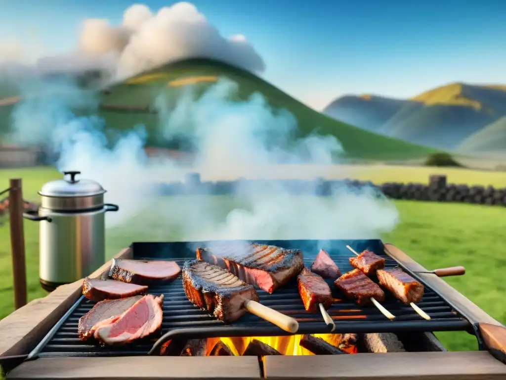 Escena de asado uruguayo tradicional con amigos y familia en ambiente rústico