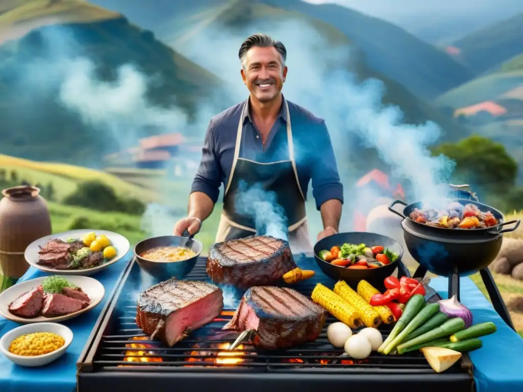 Escena de asado uruguayo tradicional con impacto ambiental, personas disfrutando en el campo