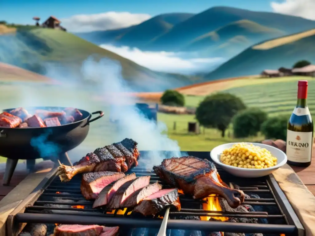 Escena de asado uruguayo tradicional con gran parrilla, personas disfrutando y paisaje campestre