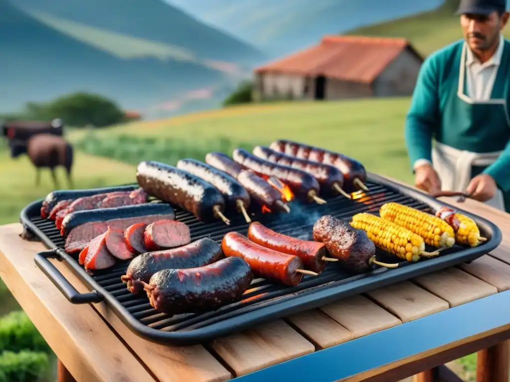 Una escena de asado uruguayo tradicional en el campo, con gauchos asando carnes