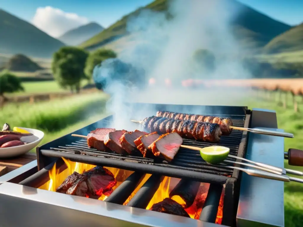 Una escena de asado uruguayo tradicional en un entorno rústico al aire libre con amigos disfrutando