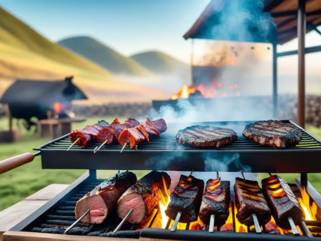 Una escena de asado uruguayo tradicional con amigos y familia, en un entorno rústico al aire libre