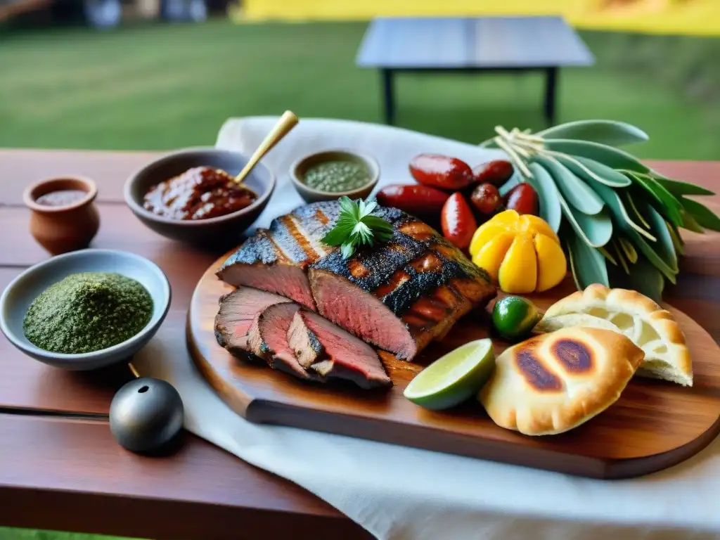 Una escena de asado uruguayo tradicional en un entorno campestre, con una mesa de madera rústica llena de delicias culinarias y vino Tannat