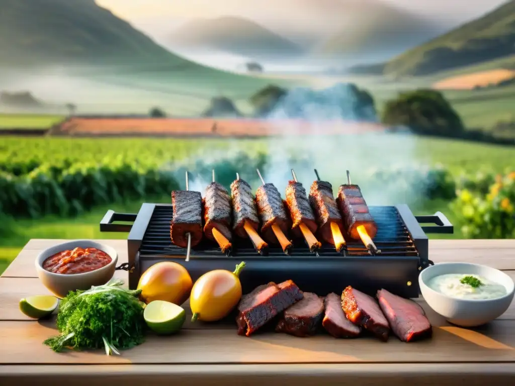 Una escena de asado uruguayo tradicional con amigos y familia en el campo