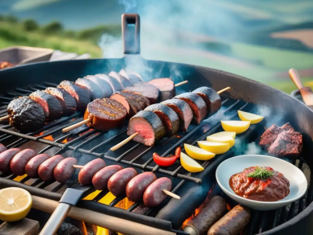 Escena de asado uruguayo tradicional con influencia de la inmigración en entorno rural vibrante y diverso