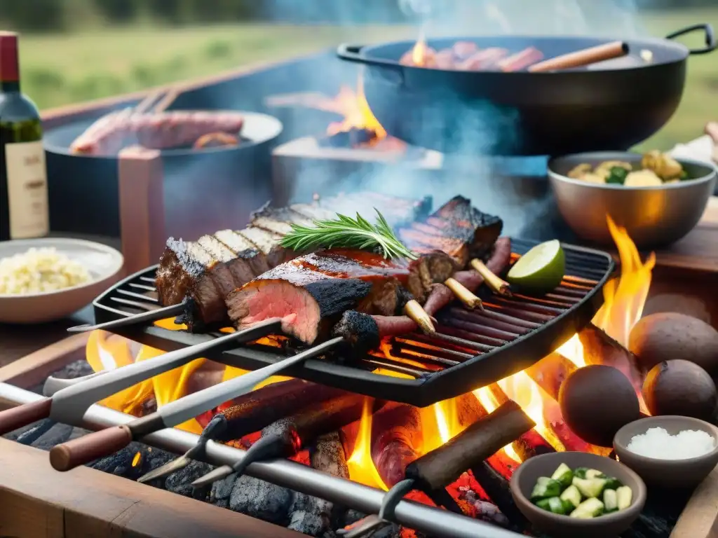 Una escena de asado uruguayo tradicional con carnes exclusivas en la parrilla, chimichurri y vino tinto