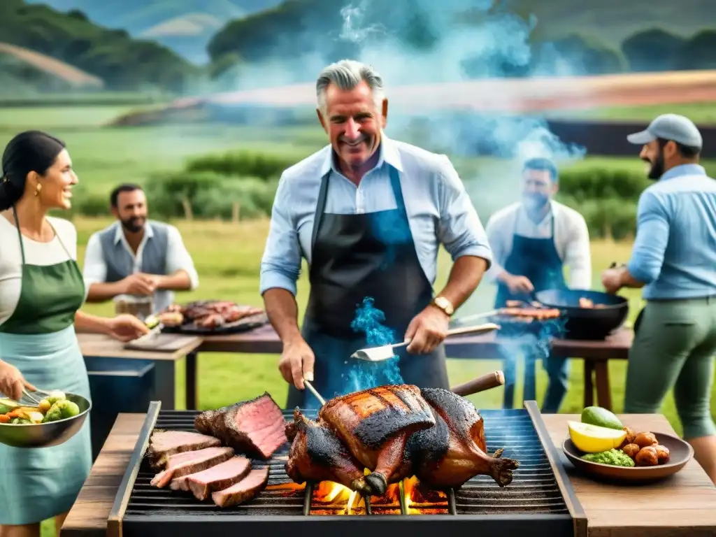 Escena de asado uruguayo tradicional con amigos y familia alrededor de una parrilla, en un entorno campestre