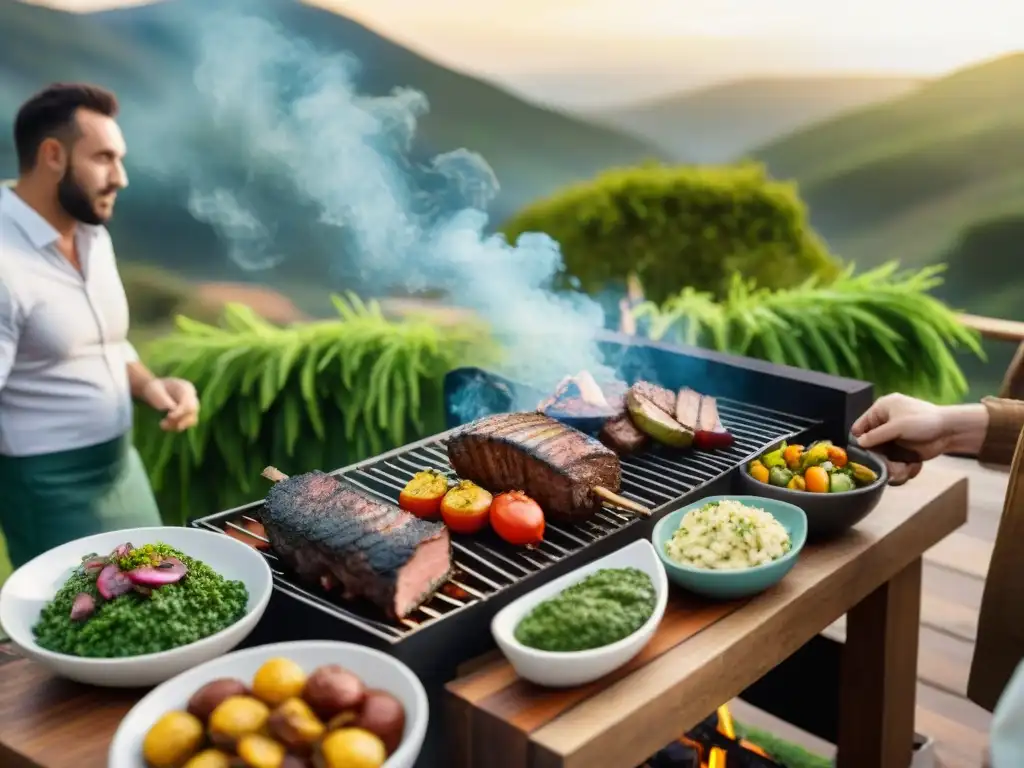 Una escena de asado uruguayo tradicional e innovador: carnes y guarniciones bajo el cielo al atardecer, rodeados de naturaleza y muebles rústicos