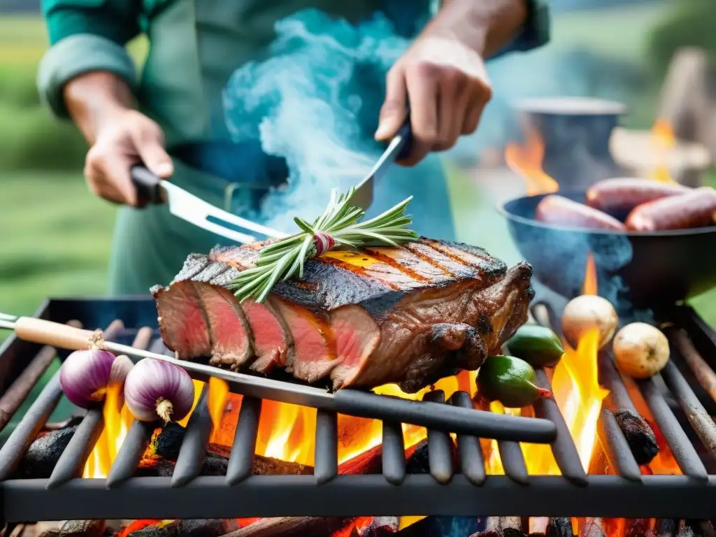 Una escena de asado uruguayo tradicional con cortes premium de carne sobre brasas calientes, rodeada de hierbas y vegetales, en un entorno campestre