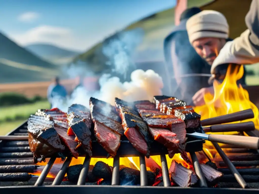 Una escena de asado uruguayo tradicional en parrilla móvil, con gauchos y carnes sizzling en un paisaje campestre