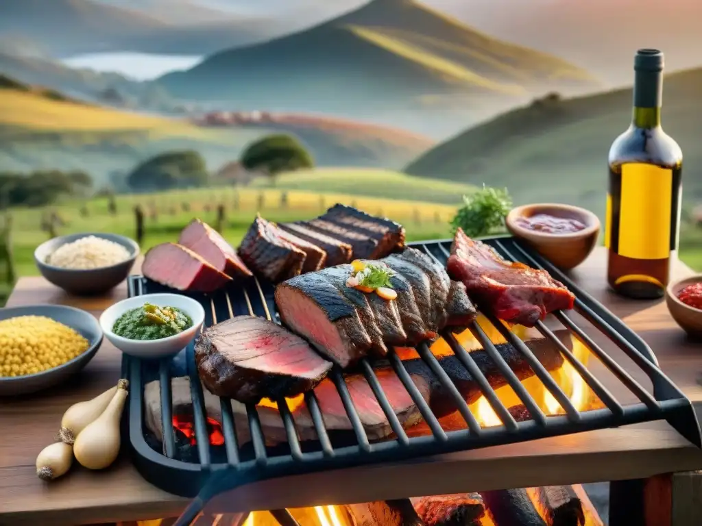 Una escena de asado uruguayo tradicional con maridaje de vinos uruguayos, en un entorno campestre al atardecer