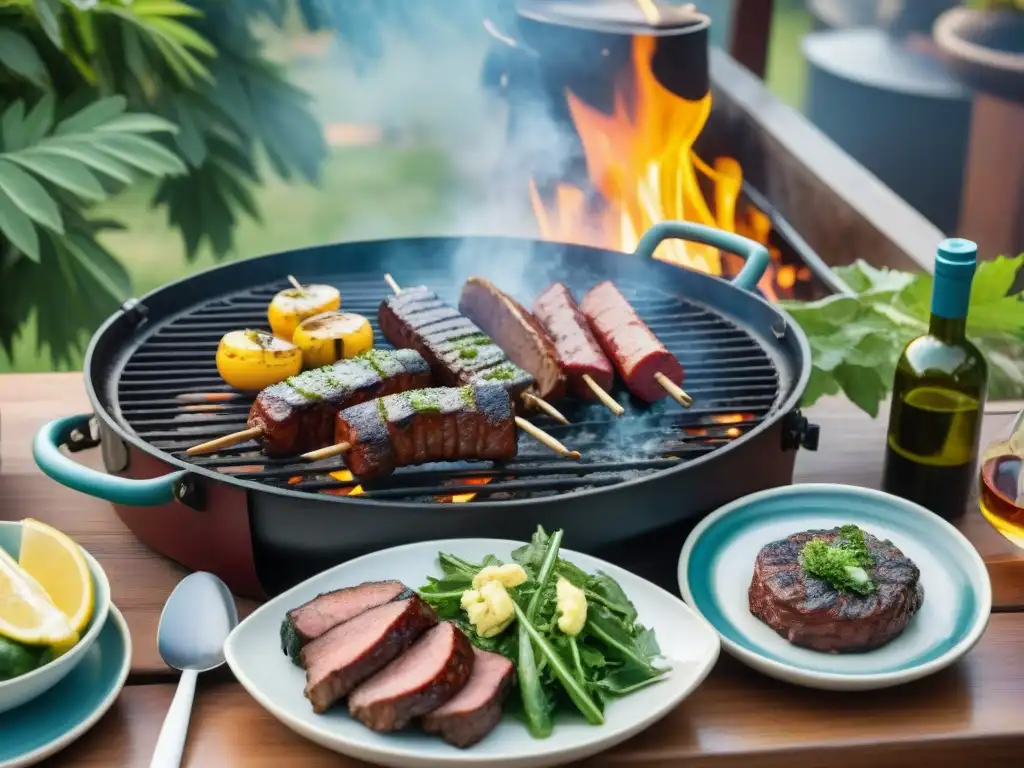Una escena de asado uruguayo tradicional con influencia europea en maridajes, donde se ven carnes a la parrilla y comensales felices