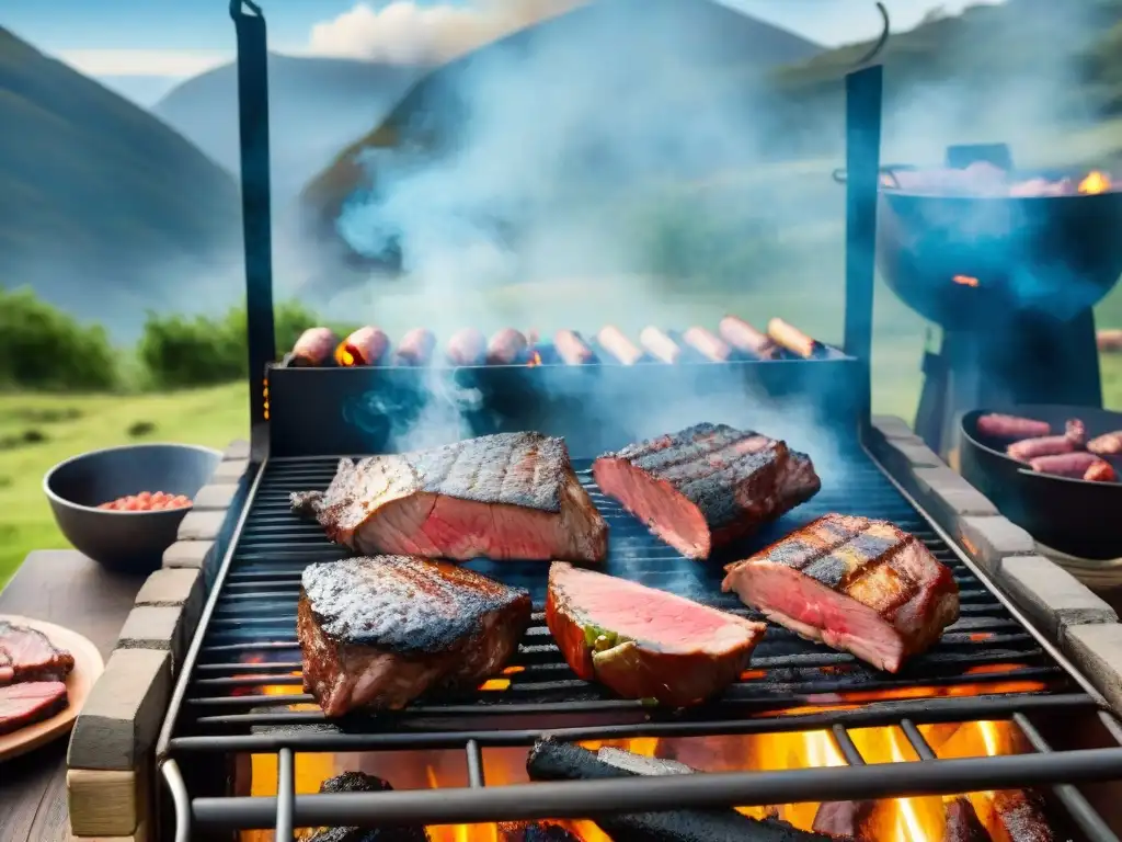 Una escena de asado uruguayo tradicional con una parrilla sizzling y gauchos rodeados de naturaleza, capturando la historia del asado uruguayo