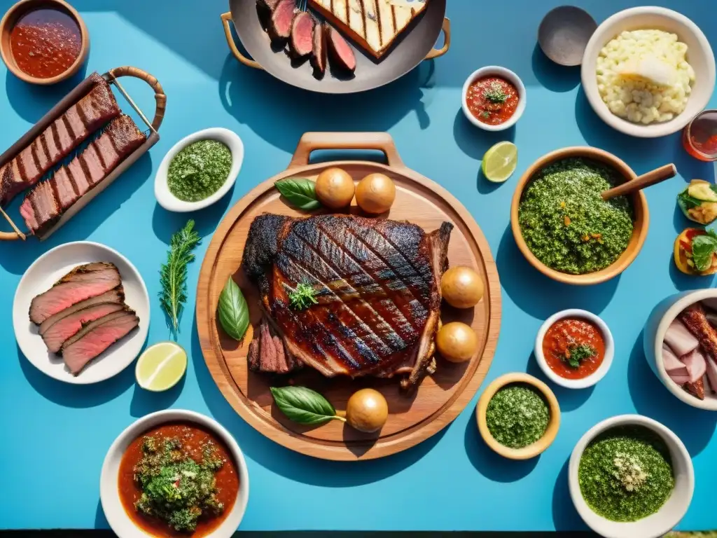 Una escena de asado uruguayo con variaciones de chimichurri en un entorno campestre pintoresco