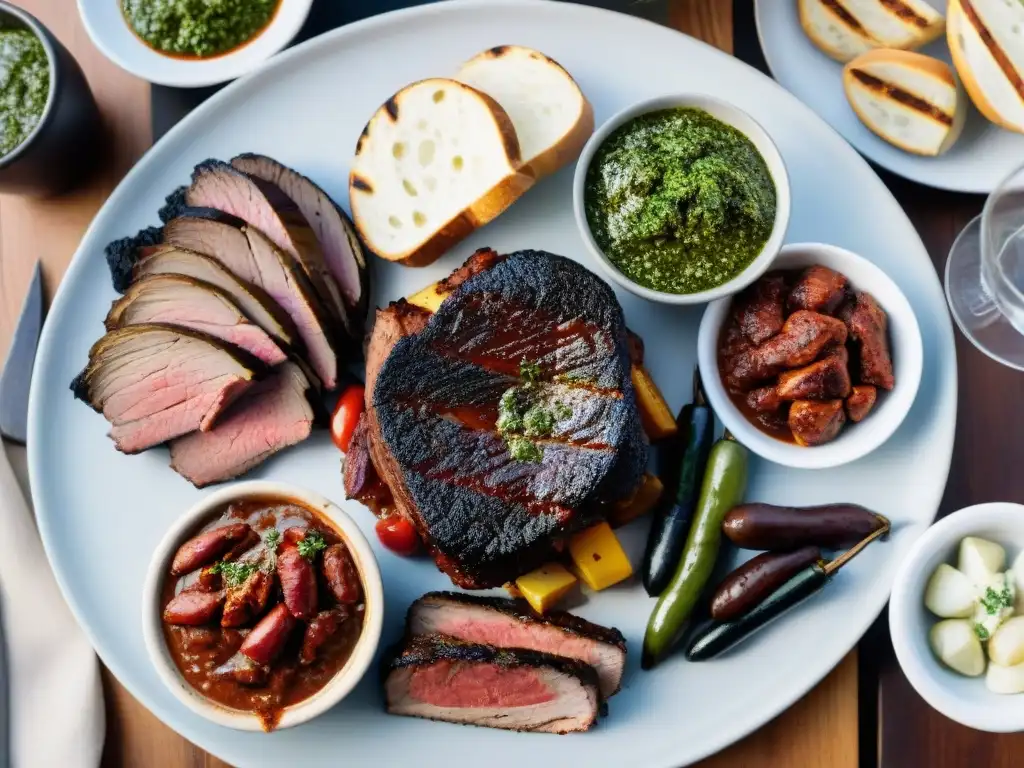 Escena de asado uruguayo con variedad de carnes a la parrilla, chimichurri, vino Tannat y cuchillos gauchos, en día soleado al aire libre, evocando la historia del asado uruguayo