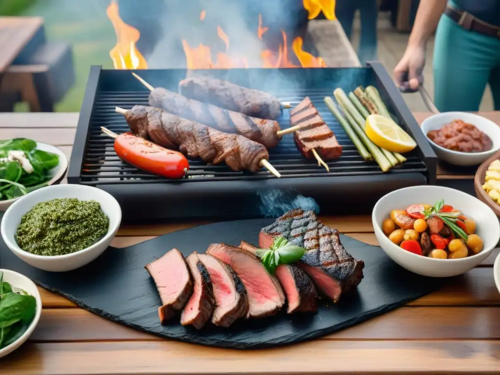 Una escena de asado uruguayo con variedad de cortes premium en la parrilla, acompañado de chimichurri y gauchos