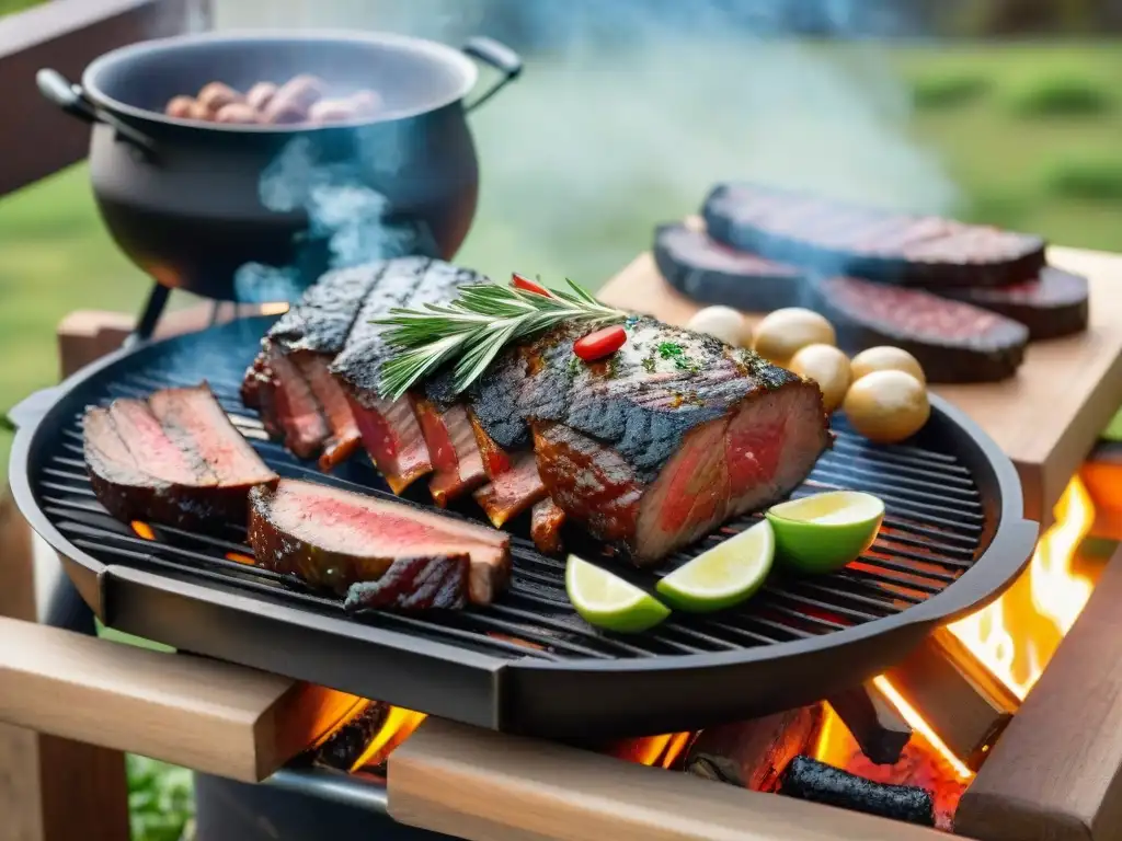 Una escena de la tradición del asado uruguayo: variedad de carnes sobre la parrilla, chimichurri y vino Tannat en un entorno natural y acogedor