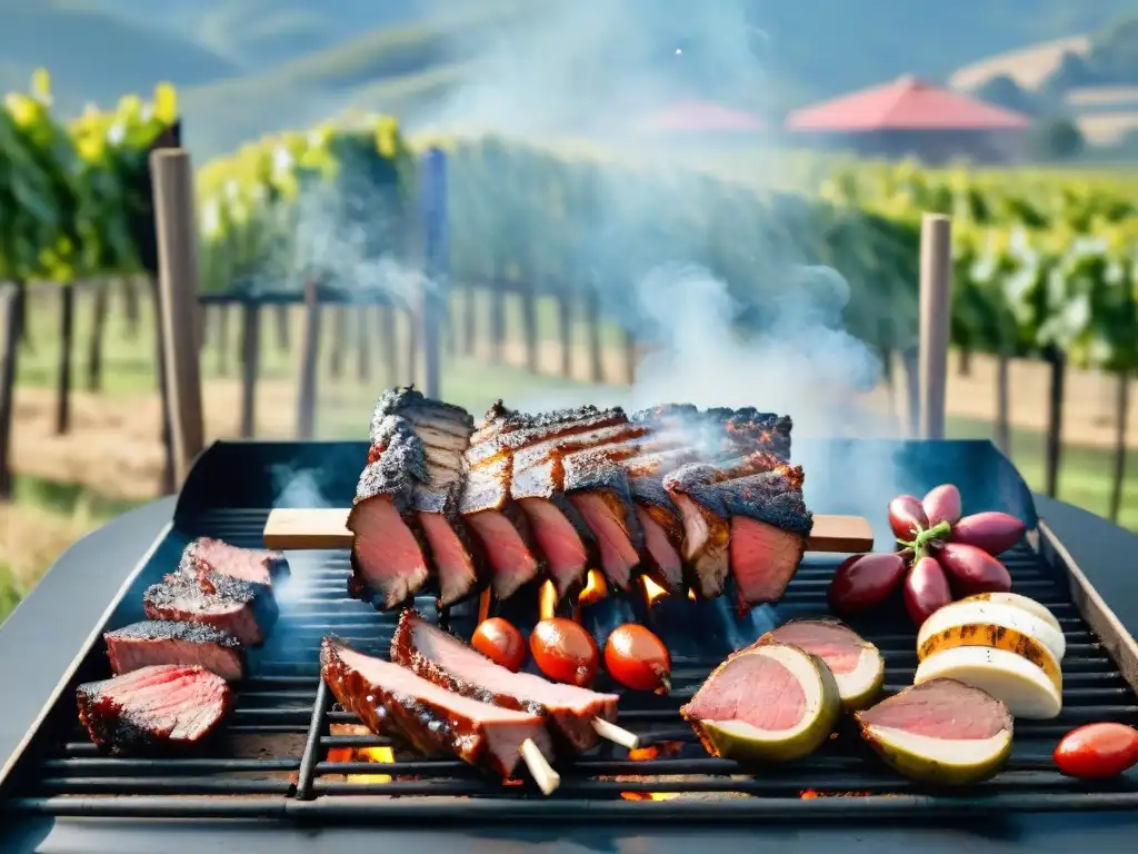 Una escena de fusión asado uruguayo vino chileno: parrilla cargada de carne junto a vinos Malbec y Carménère entre viñedos