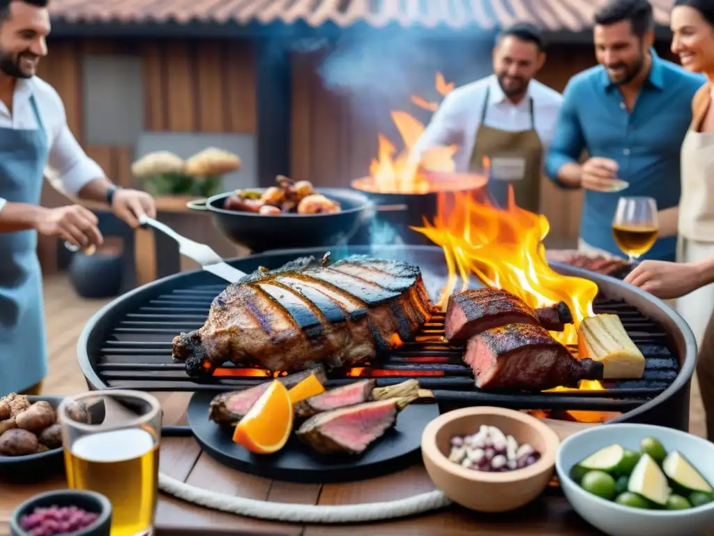 Una escena de asado uruguayo con vinos naturales para un festín al aire libre