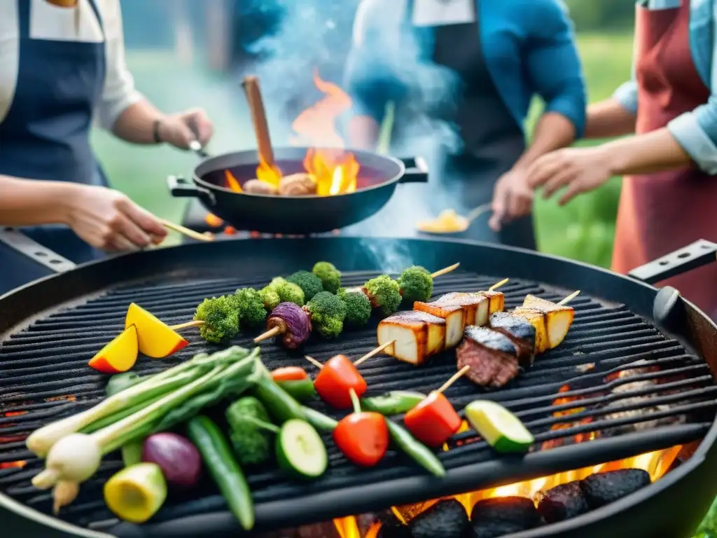 Una escena de asado vegano al aire libre vibrante con comida sizzling y conversaciones animadas