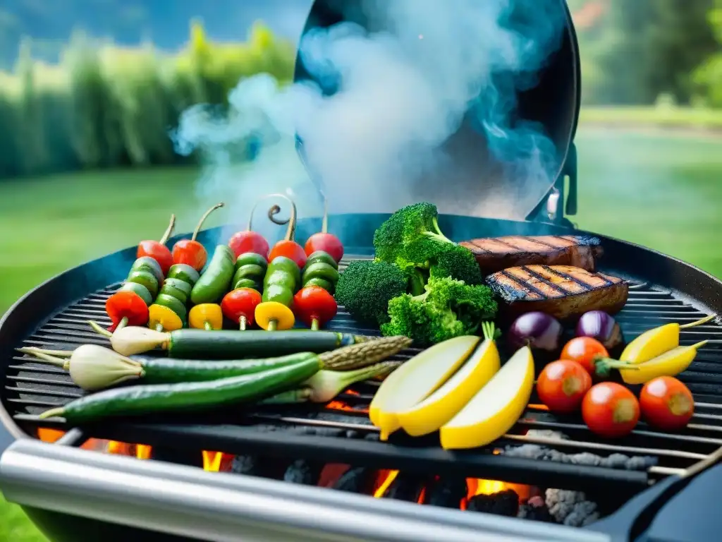 Escena de asado vibrante al aire libre con vegetales saludables asados, en un día soleado con amigos y familia