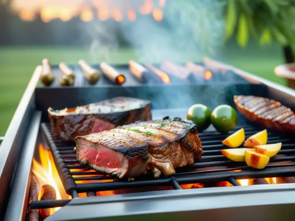 Una escena de asados al aire con la luz dorada del atardecer iluminando la parrilla llena de carne y verduras