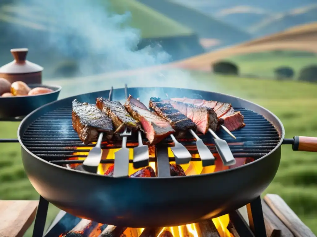 Una escena asombrosa de un asado uruguayo con utensilios premium, rodeada de verde y cielo azul