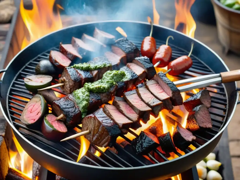 Escena asombrosa de un asado uruguayo con cortes de carne en parrilla tradicional, gaucho y chimichurri