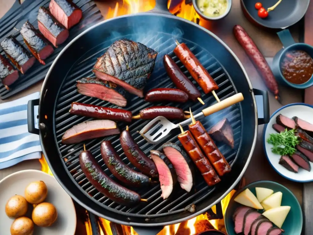Una escena asombrosa de un asado uruguayo tradicional, con cortes de carne sizzling y gauchos hábiles