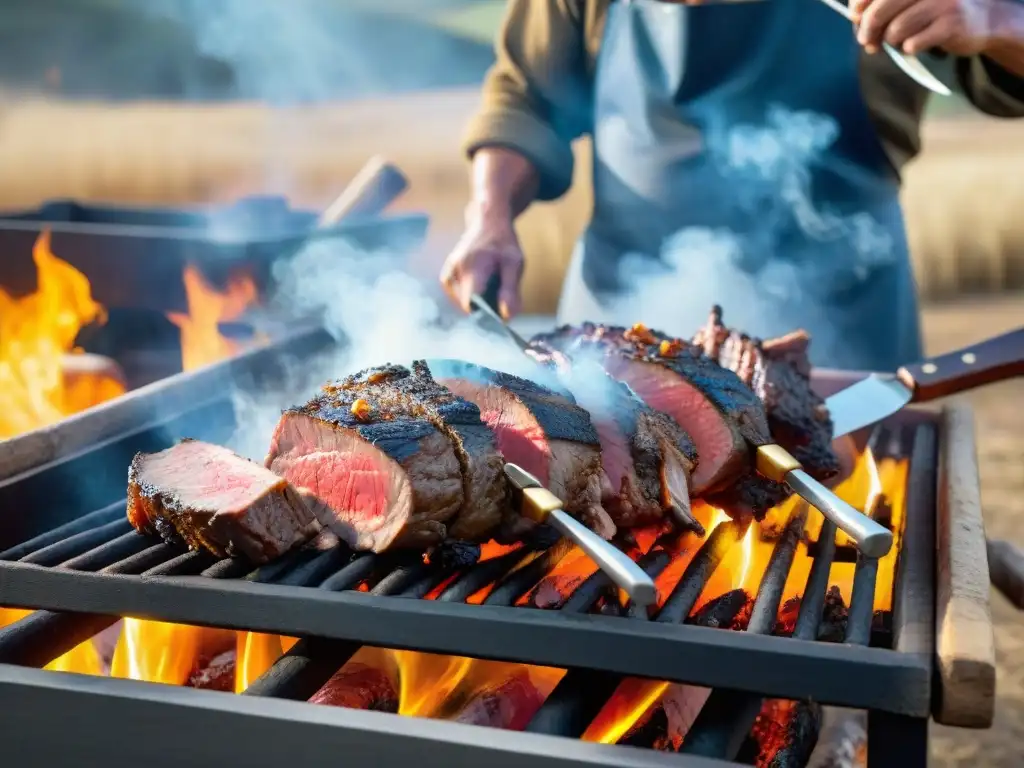 Escena auténtica de asado de cordero uruguayo en el campo