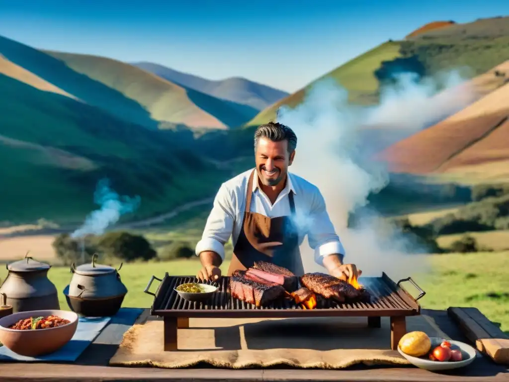 Una escena auténtica de un asado uruguayo tradicional, con gauchos y una parrilla repleta de carnes, en medio de las colinas uruguayas