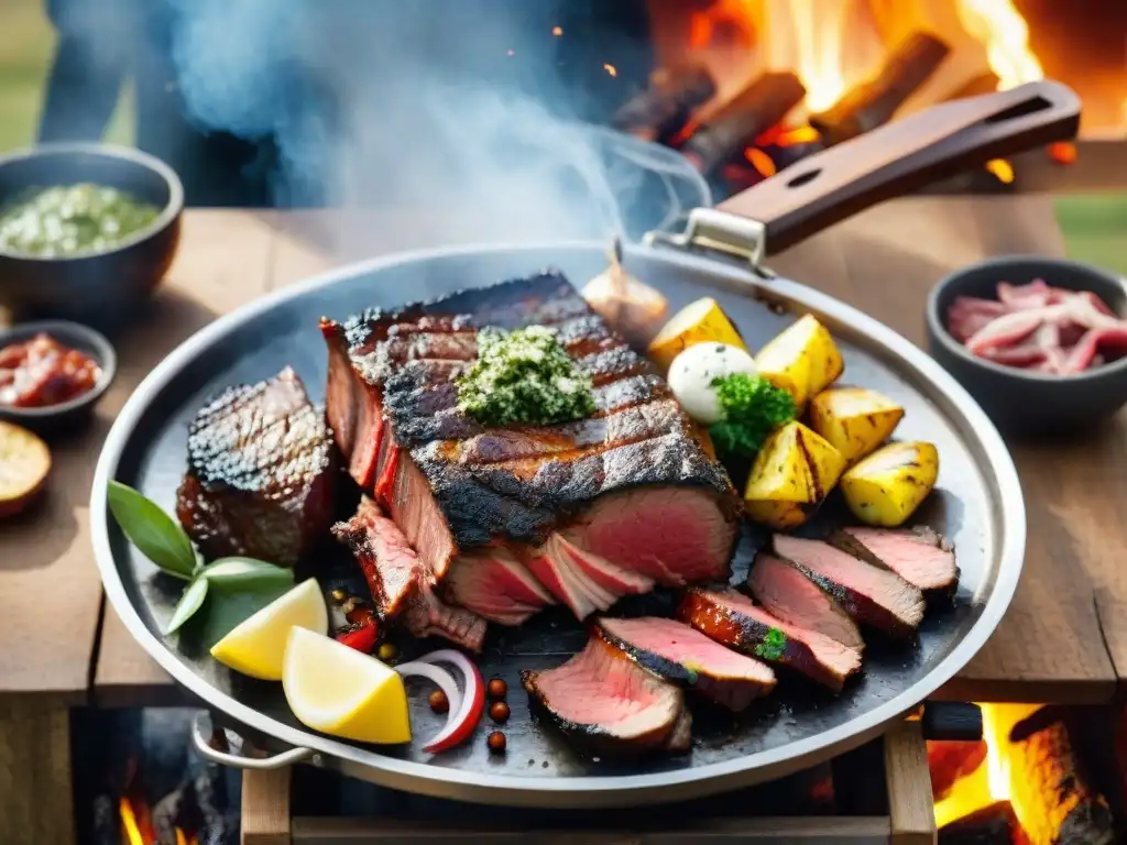 Una escena auténtica de asado uruguayo: carnes variadas sobre la parrilla, chimichurri y vino tinto en la mesa rústica