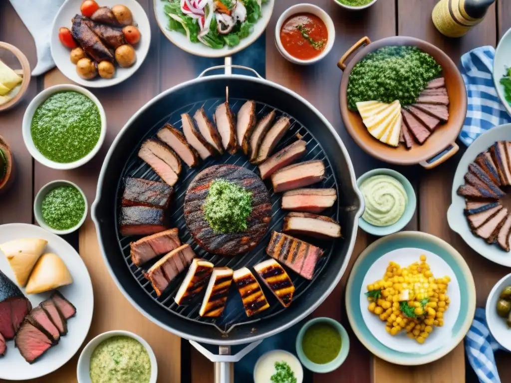 Una escena auténtica de la tradición del asado uruguayo: amigos disfrutando de una parrillada con cortes de carne y ensaladas frescas