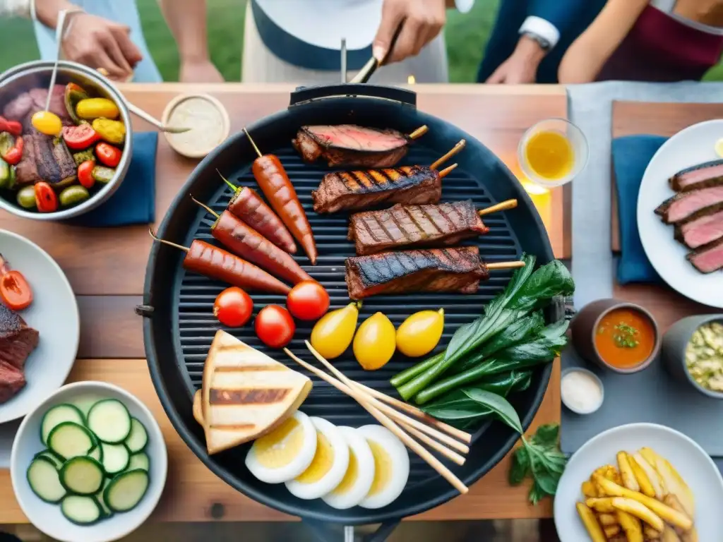 Una escena auténtica de asado uruguayo con una parrilla y personas reunidas alrededor