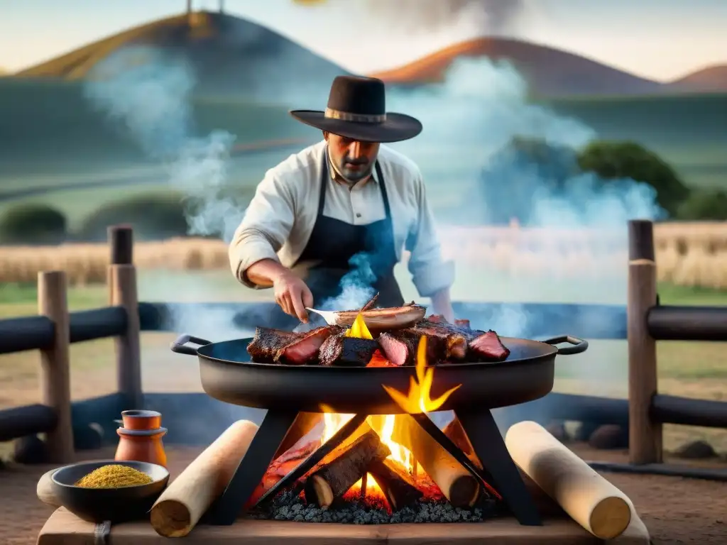 Una escena auténtica de la técnica asado uruguaya de cocción en cruz, donde gauchos cocinan carne al fuego en un entorno rústico y tradicional