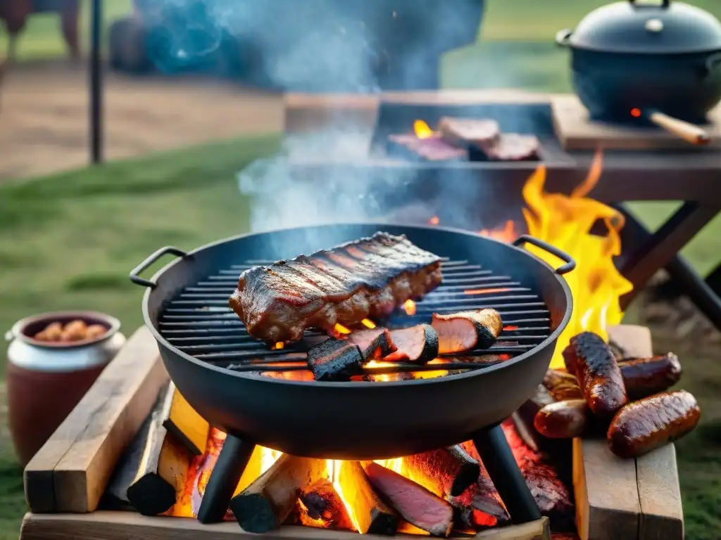 Una escena auténtica de un tradicional asado al asador uruguayo con un cocinero atendiendo la carne sobre brasas ardientes en un entorno campestre