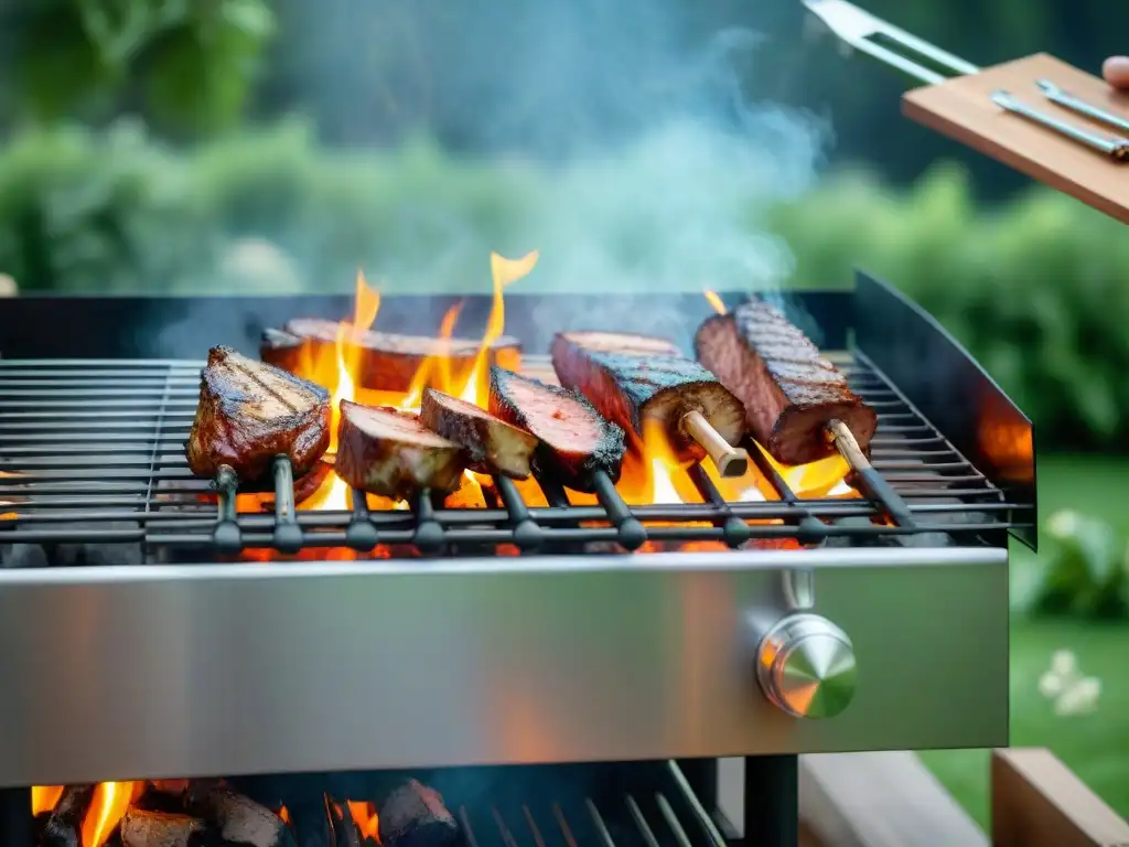 Escena de barbacoa al atardecer con grill brillante y los mejores ventiladores para asado