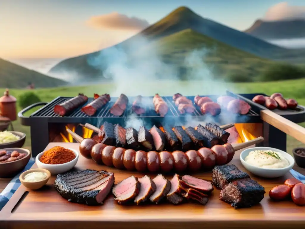 Una escena cálida y acogedora de diversidad cultural en asado uruguayo: amigos riendo alrededor de una mesa llena de carnes a la parrilla