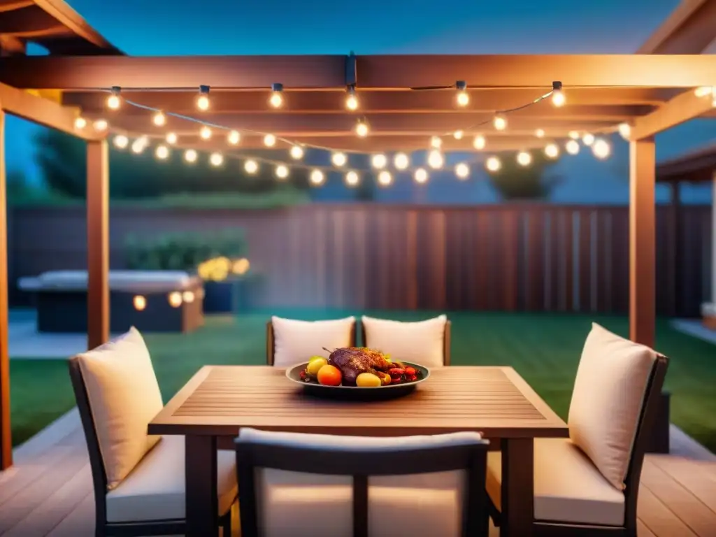 Una escena cálida y acogedora de una terraza iluminada con luces de cuerda, ideal para asados nocturnos