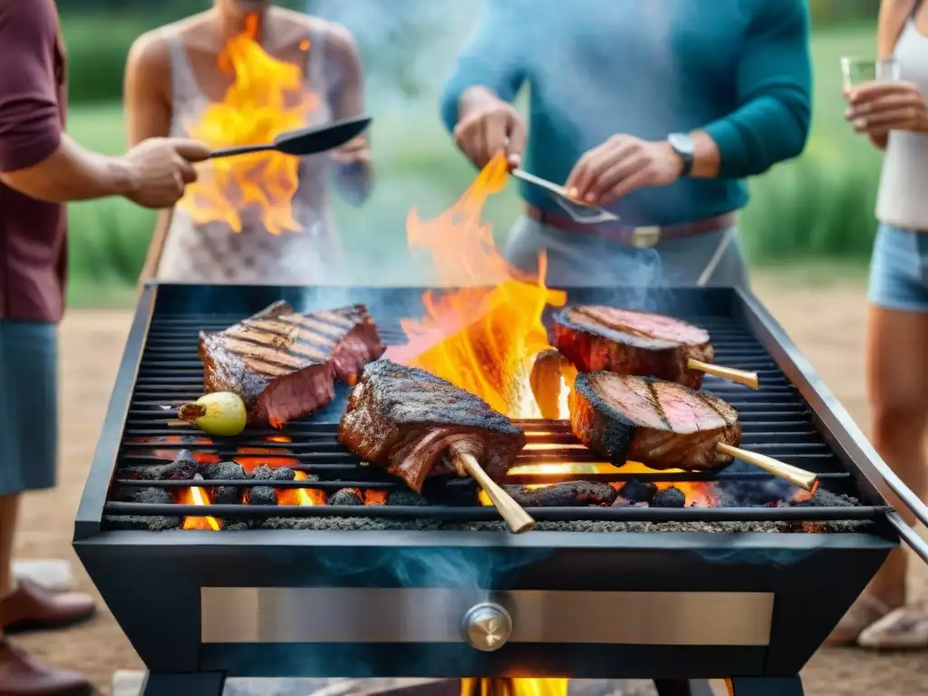 Una escena cálida y amistosa de amigos disfrutando de un asado uruguayo, resaltando la importancia social del asado en Uruguay