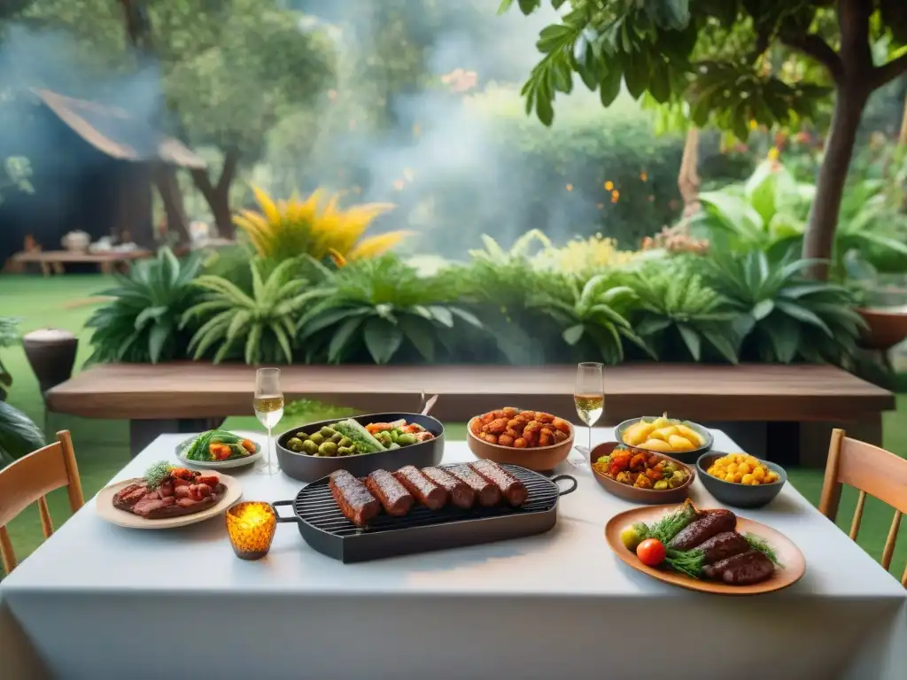 Una escena cálida de anécdotas asados familiares Uruguay: mesa rústica rodeada de verdor, con platos asado uruguayo y familia compartiendo risas