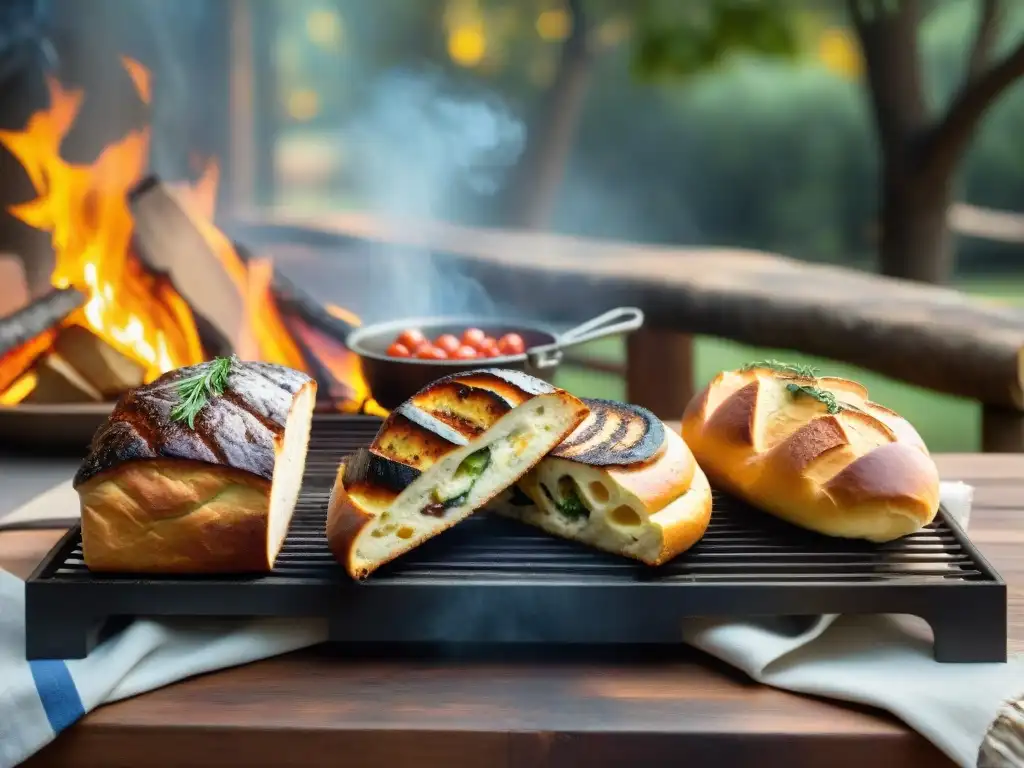 Una escena cálida y apetitosa: focaccia casera para asado uruguayo bajo la luz dorada del sol en un entorno rústico