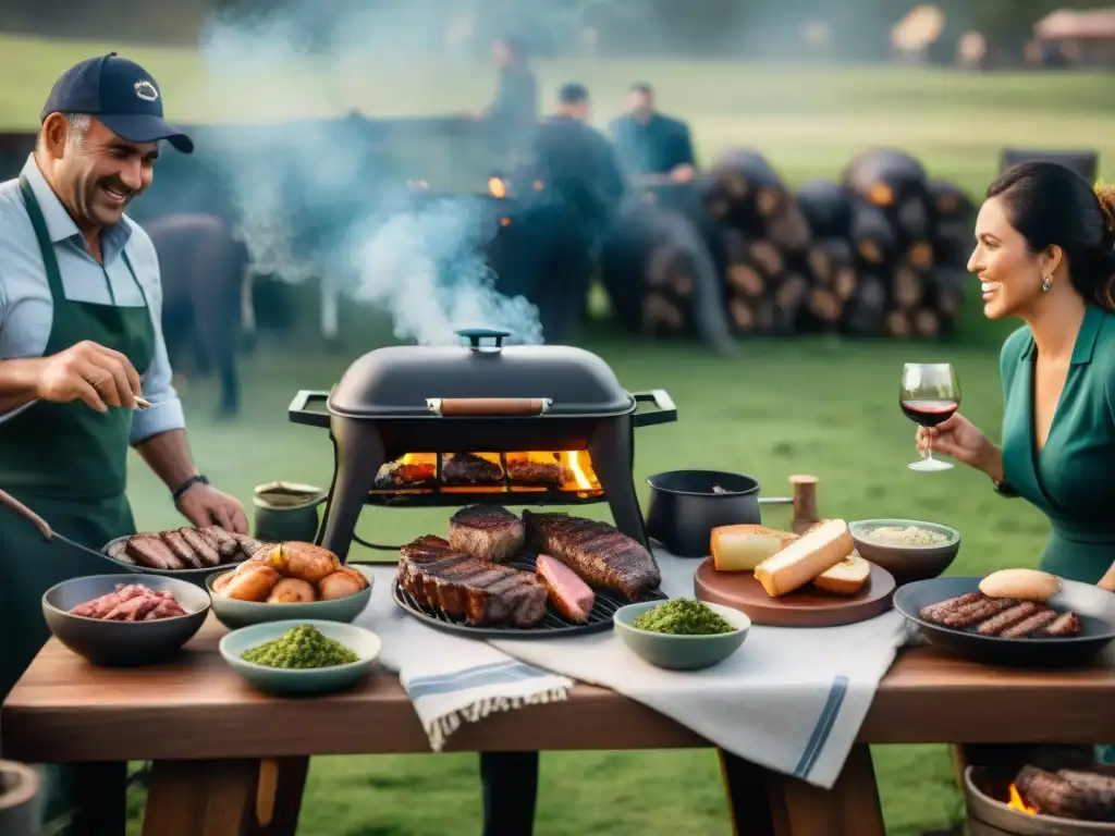 Una escena cálida de un asado uruguayo con una mesa de carnes, chimichurri y vino tinto