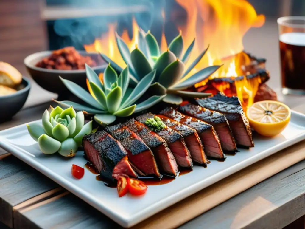 Una escena cálida de un asado uruguayo perfectamente cocido en una mesa de madera rústica al atardecer