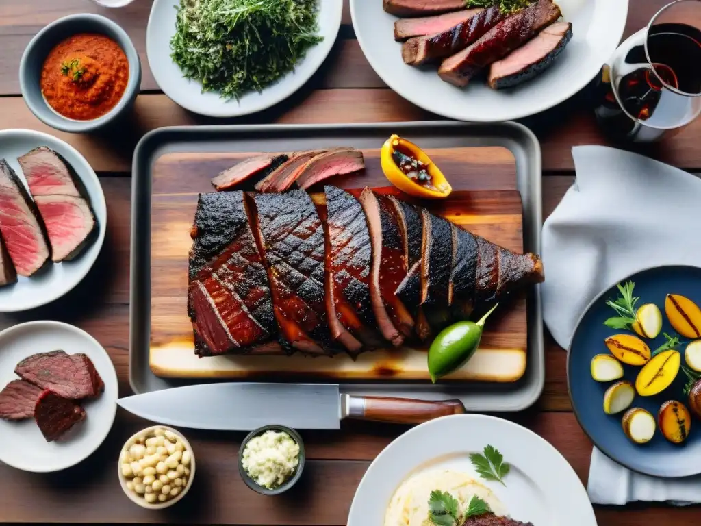 Escena cálida de un asado uruguayo tradicional al aire libre, con churrasco, morcilla, chimichurri y vino Tannat