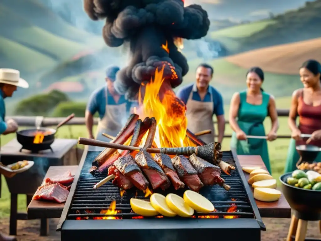 Una escena cálida de tradición asado uruguayo con amigos y variedad de carnes asándose al fuego en el campo al atardecer