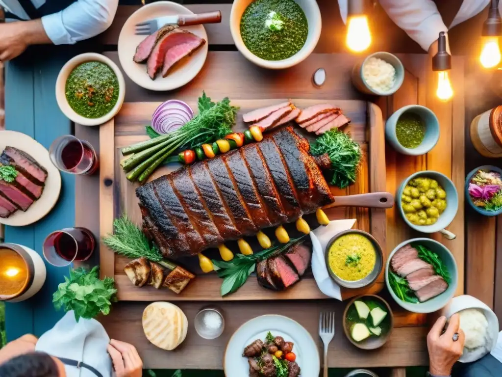 Una escena cálida de un asado uruguayo tradicional con amigos y familia alrededor de una mesa rústica, mostrando variaciones en el asado uruguayo