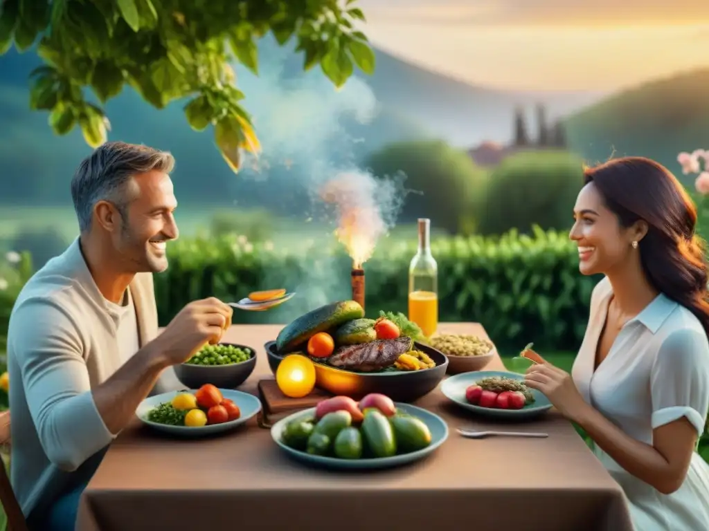 Una escena cálida y familiar de una comida al aire libre al atardecer, rodeada de naturaleza y felicidad